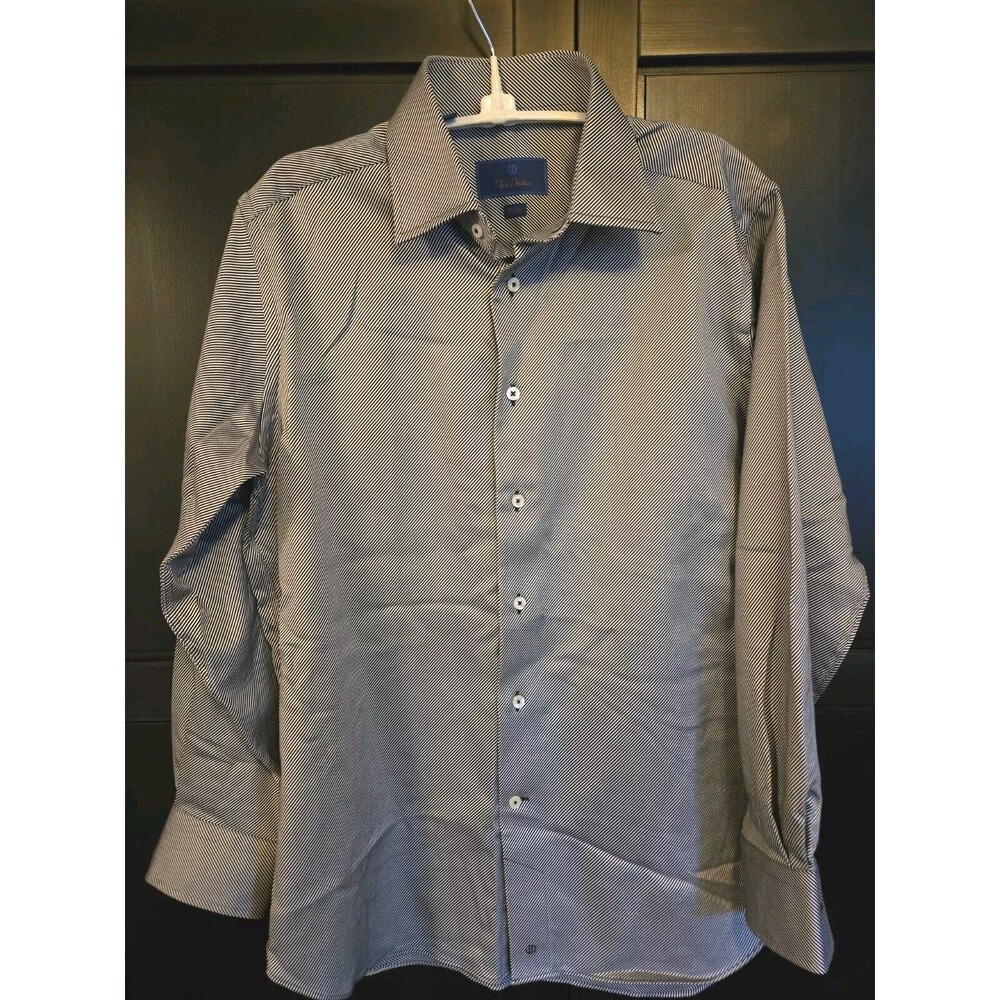 David Donahue Men 16 32/33 Trim Cotton Black & Silver Gray Pinstripe Dress Shirt